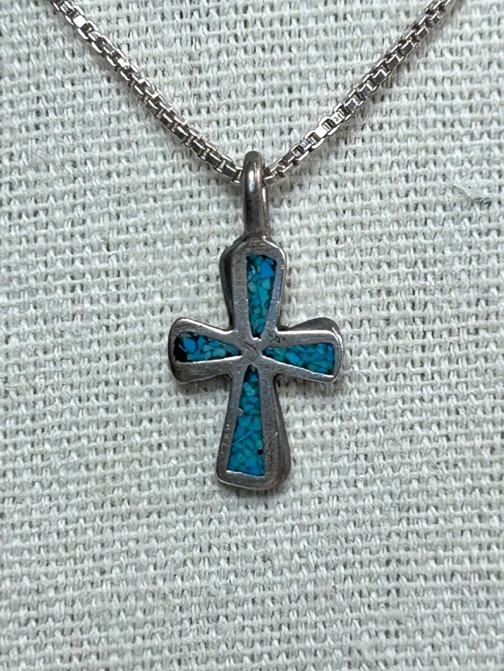 Vintage Navajo Sterling Silver Crushed Turquoise Cross Pendant Chain Necklace